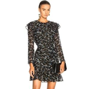 Veronica Beard Parc Silk Black Floral Gold Metallic Dot Ruched Dress 6